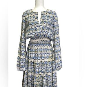 Misa Long Sleeve Maxi Dress Smocked Waist Blue‎ White Geometric Print